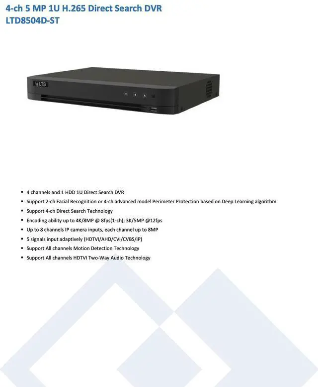 Alt view image 2 of 5 - LTS Platinum LTD8504D-ST 4CH 4K/8MP TVI/AHD/CVI/CVBS + 4CH IP Up to 4K/8MP Direct Search DVR LTD8504M-ST, LTD8504K-ST, LTD8504K-DT, LTD8504T-ST