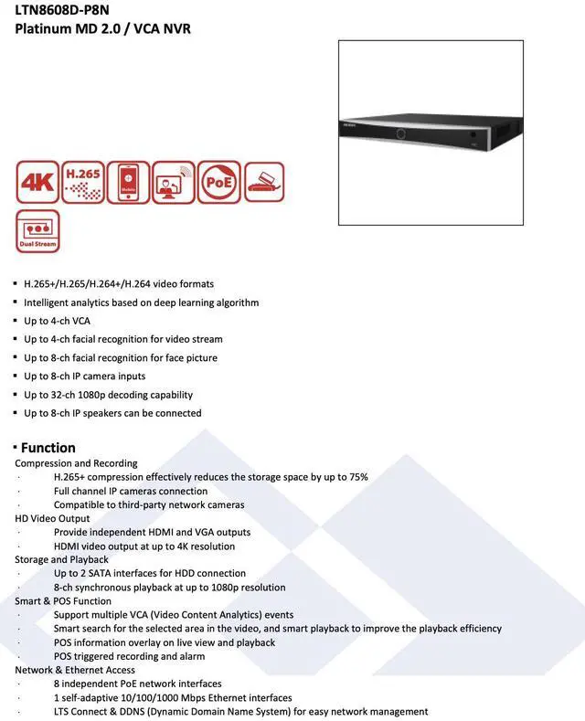 Alt view image 3 of 7 - LTS Platinum LTN8608D-P8N IP 8CH 8K 8 PoE Upto 32MP 80Mbps Direct Search Deep Learning NVR LTN8608-P8N, LTN8608-P8, LTN8608D-P8