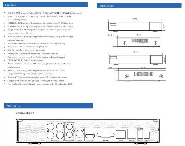 Alt view image 3 of 5 - ENS Titanium ED8004H5-BN2 4CH 5MP Lite@10FPS, 4MP Lite@15FPS TVI/AHD/CVI/Coax + 2CH 5MP IP Ai 1080P HDMI/VGA/CVBS(or Spot), Audio, 1SATA NDAA TVT TD-2104NS-HC-H DVR