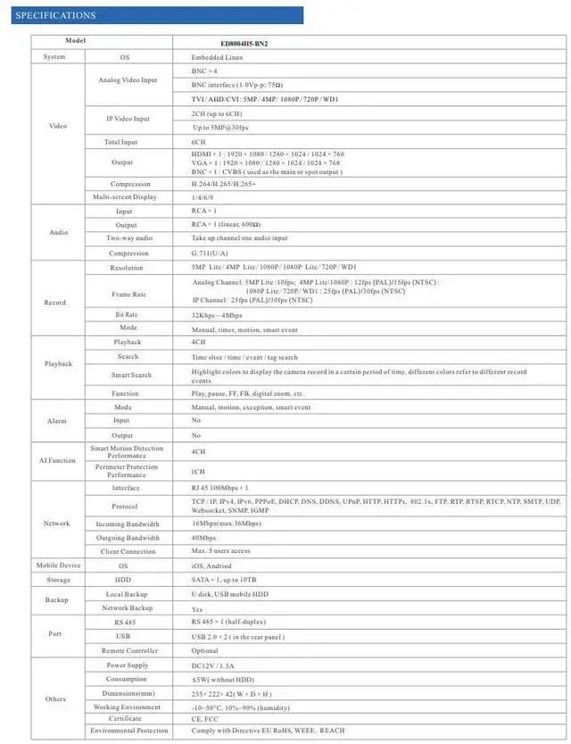 Alt view image 4 of 5 - ENS Titanium ED8004H5-BN2 4CH 5MP Lite@10FPS, 4MP Lite@15FPS TVI/AHD/CVI/Coax + 2CH 5MP IP Ai 1080P HDMI/VGA/CVBS(or Spot), Audio, 1SATA NDAA TVT TD-2104NS-HC-H DVR