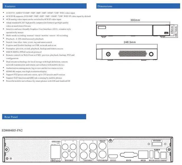 Alt view image 3 of 5 - ENS Titanium ED8004H5-FN2 4CH 8MP/4K@7FPS, 4K Lite@15FPS, 5MP@12FPS, TVI/AHD/CVI/Analog + 2CH 8MP IP Max 6CH, 4K HDMI/VGA/CVBS(or Spot), Audio/Alarm, 1SATA, 1 ESATA NDAA TVT TD-2704NS-HP-H DVR