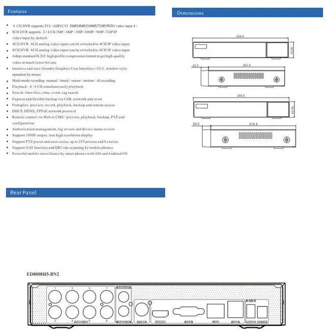 Alt view image 3 of 5 - ENS Titanium ED8008H5-BN2 8CH 5MP Lite@10FPS, 4MP Lite@15FPS TVI/AHD/CVI/Analog+4CH 5MP IP Max 12CH 1080P HDMI/VGA/CVBS(or Spot), Audio, 1 SATA NDAA TVT TD-2108NS-HC-H DVR