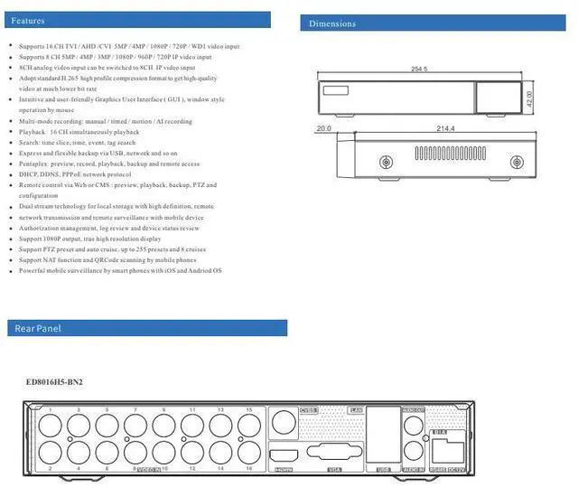 Alt view image 3 of 5 - ENS Titanium ED8016H5-BN2 16CH 5MP Lite@10FPS,4MP Lite@15FPS TVI/AHD/CVI/Analog+8CH 5MP IP Max 24CH 1080P HDMI/VGA/CVBS(or Spot), Audio, 1SATA TVT TD-2116NS-HC-H NDAA DVR