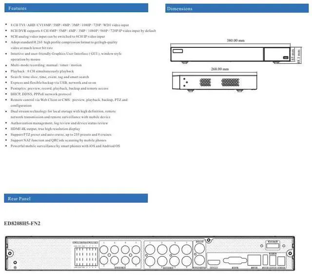 Alt view image 3 of 5 - ENS Titanium ED8208H5-FN2 8CH 8MP/4K@7FPS,4K Lite@15FPS,5MP@12FPS TVI/AHD/CVI/Analog + 8CH 8MP IP Max 16CH 2160p HDMI/V/GA/CVBS(or Spot), Audio/Alarm, 2xSATA,1xESATA TVT TD-2708NE NDAA DVR