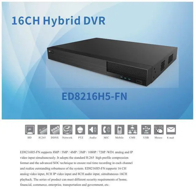 Alt view image 3 of 6 - ENS Titanium ED8216H5-FN 16CH 8MP TVI/AHD/CVI/Analog+8CH 8MP IP Max 24CH 4K HDMI 1xVGA, 1xCVBS, 2SATA, 1xESATA TVT TD-2716NE NDAA DVR
