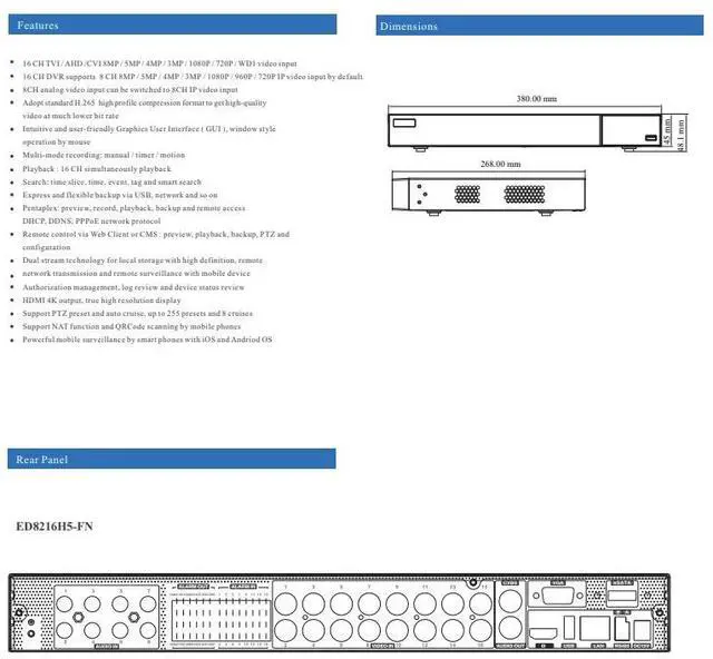 Alt view image 4 of 6 - ENS Titanium ED8216H5-FN 16CH 8MP TVI/AHD/CVI/Analog+8CH 8MP IP Max 24CH 4K HDMI 1xVGA, 1xCVBS, 2SATA, 1xESATA TVT TD-2716NE NDAA DVR