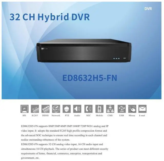 Alt view image 2 of 5 - ENS Titanium ED8632H5-FN 32CH 8MP/4K@8FPS TVI/AHD/CVI/Analog + 8CH 8MP@8FPS IP Max 40CH 4K HDMI1/VGA,HDMI2,CVBS,Audio/Alarm,8SATA RAID TVT TD-2732ND NDAA DVR