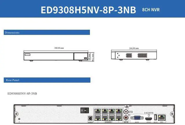 Alt view image 4 of 5 - ENS Titanium ED9308H5NV-8P-3NB 8CH IP 8MP 30fps 80Mbps 8 Port POE Ai 4K 2160p HDMI VGA, Audio, 1 SATA NDAA TVT TD-3108H1-8P-B2-B NVR