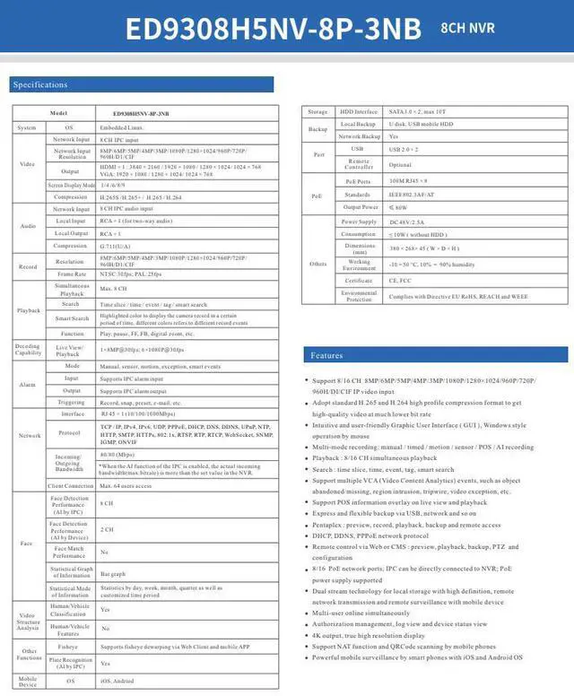 Alt view image 3 of 5 - ENS Titanium ED9308H5NV-8P-3NB 8CH IP 8MP 30fps 80Mbps 8 Port POE Ai 4K 2160p HDMI VGA, Audio, 1 SATA NDAA TVT TD-3108H1-8P-B2-B NVR