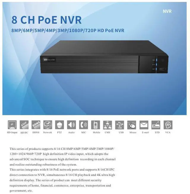 Alt view image 2 of 5 - ENS Titanium ED9308H5NV-8P-3NB 8CH IP 8MP 30fps 80Mbps 8 Port POE Ai 4K 2160p HDMI VGA, Audio, 1 SATA NDAA TVT TD-3108H1-8P-B2-B NVR