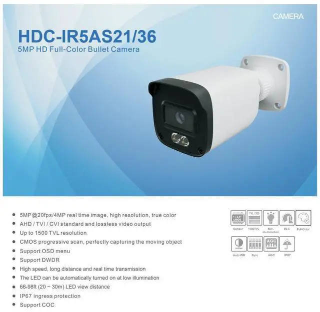Alt view image 2 of 4 - ENS Titanium HDC-IR5AS21/36 5MP@20FPS 3.6mm 98ft LED Full Color AHD/TVI/CVI/CVBS NDAA TVT TD-7451AS2(SW/WR2) Bullet Camera