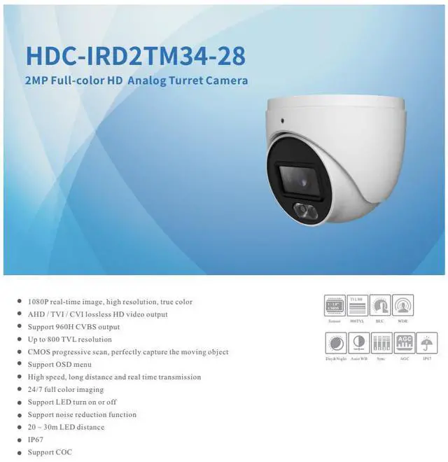 Alt view image 2 of 4 - ENS Titanium HDC-IRD2TM34/28 2MP TVI/CVI/CVBS/AHD 2.8mm 24/7 Color 98ft LED NDAA TVT TD-7524TM3(SW/WR2) Turret Camera