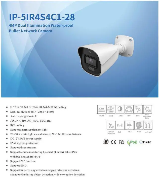 Alt view image 2 of 4 - ENS Titanium IP-5IR4S4C1-28 IP 4MP 2.8mm White 98ft LED Dual Light Color with Mic TVT NDAA Bullet Camera