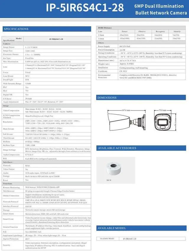 Alt view image 3 of 4 - ENS Titanium IP-5IR6S4C1-28 IP 6MP/20FPS 2.8mm Dual Light Color 98ft LED Built-in Mic NDAA TVT TD-9461S4-C(D/PE/AW2) Bullet Camera