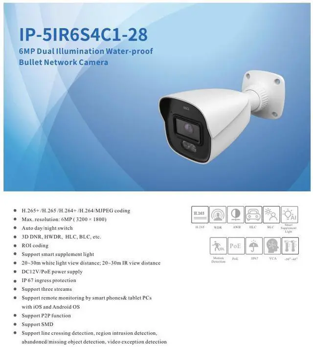 Alt view image 2 of 4 - ENS Titanium IP-5IR6S4C1-28 IP 6MP/20FPS 2.8mm Dual Light Color 98ft LED Built-in Mic NDAA TVT TD-9461S4-C(D/PE/AW2) Bullet Camera