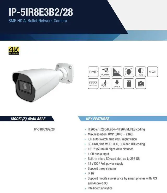 Alt view image 2 of 5 - ENS Titanium IP-5IR8E3B2-28 IP 8MP/4K/30FPS 2.8mm Len 164ft IR WDR Ai Face Detection TVT NDAA TD-9482E3B(D/PE/AR3) Bullet Camera