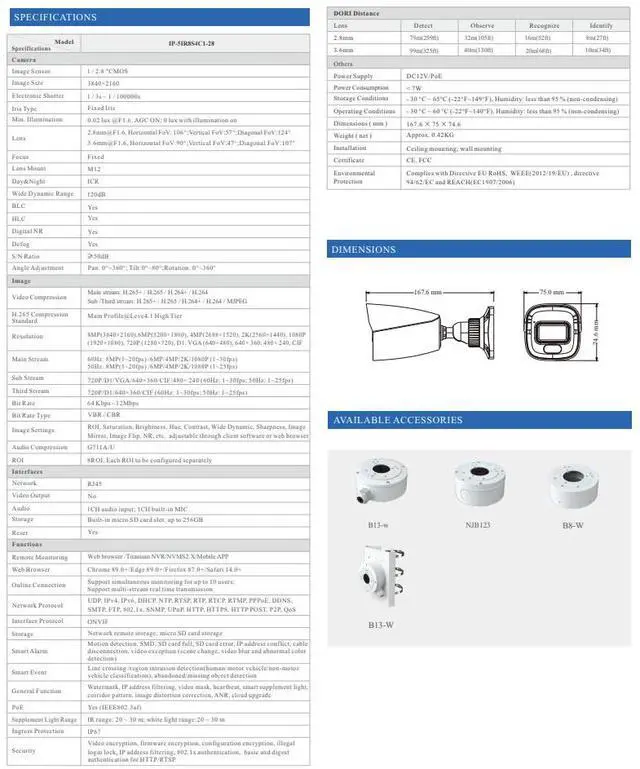 Alt view image 3 of 4 - ENS Titanium IP-5IR8S4C1-28 IP 8MP/4K/20FPS 2.8mm Dual Light Color 98ft LED WDR with Mic TVT NDAA TD-9481S4-C(D/PE/AW2) Bullet Camera