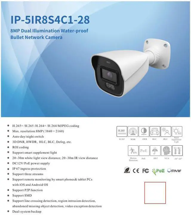 Alt view image 2 of 4 - ENS Titanium IP-5IR8S4C1-28 IP 8MP/4K/20FPS 2.8mm Dual Light Color 98ft LED WDR with Mic TVT NDAA TD-9481S4-C(D/PE/AW2) Bullet Camera