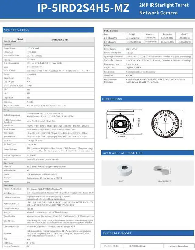 Alt view image 3 of 4 - ENS Titanium IP-5IRD2S4H5-MZ IP 2MP 2.8-12mm Motorized Lens Built-in Mic Starlight TVT NDAA Turret Dome Camera