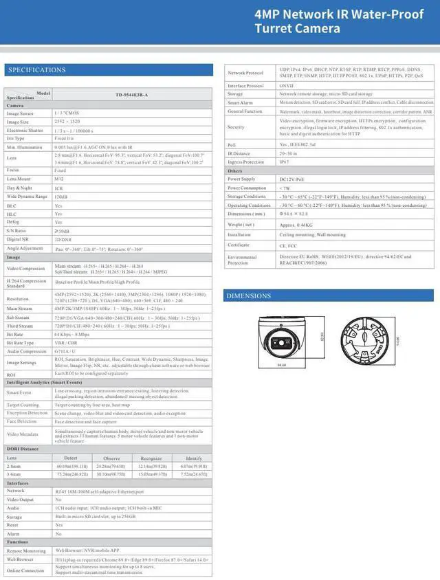 Alt view image 3 of 4 - ENS Titanium IP-5IRD4E3BA4-28 IP4MP 2.8mm 98ft IR WDR Ai Face Detection with Mic NDAA TVT TD-9544E3B-A(D/PE/AR2) Turret Dome Camera