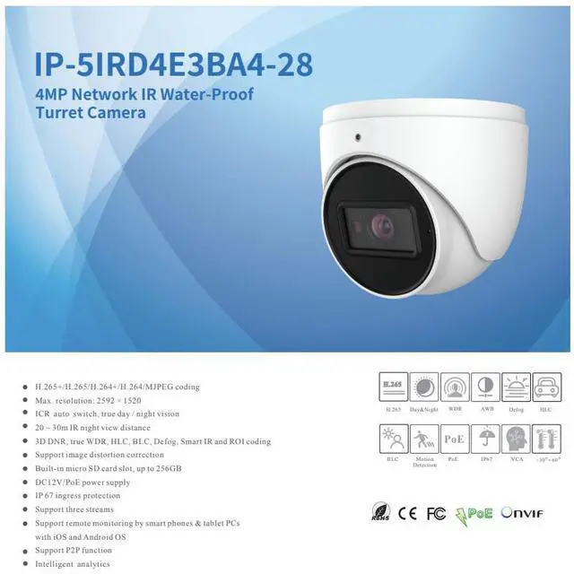 Alt view image 2 of 4 - ENS Titanium IP-5IRD4E3BA4-28 IP4MP 2.8mm 98ft IR WDR Ai Face Detection with Mic NDAA TVT TD-9544E3B-A(D/PE/AR2) Turret Dome Camera