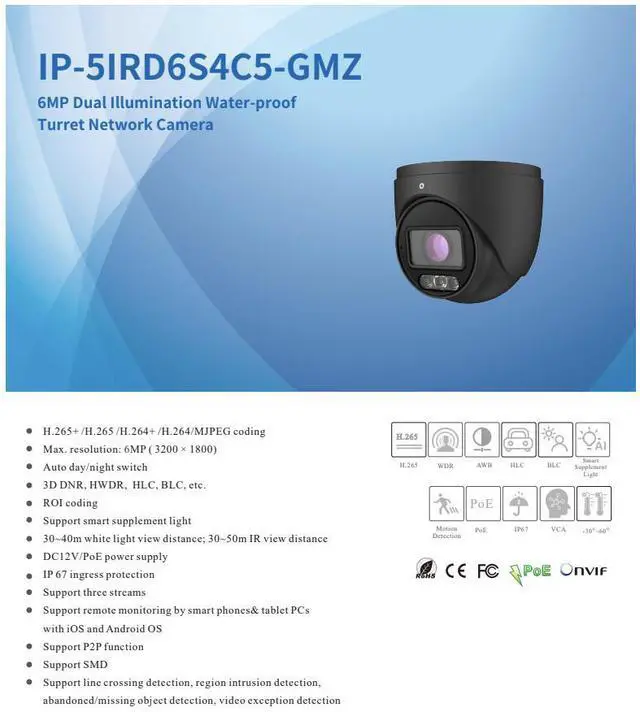 Alt view image 2 of 4 - ENS Titanium IP-5IRD6S4C5-GMZ IP 6MP 2.8-12mm Motorized Lens 164ft LED Dual Light Color with Mic TVT NDAA TD-9565S4-C(D/AZ/PE/AW3) Turret Dome Camera