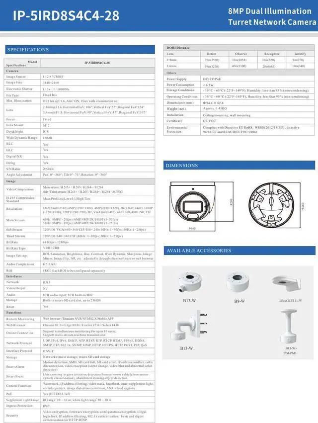 Alt view image 3 of 4 - ENS Titanium IP-5IRD8S4C4-28 IP 8MP/4K/20fps 2.8mm 98ft LED Dual Light Color with Mic TVT NDAA TD-9584S4-C(D/PE/AW2) Turret Dome Camera