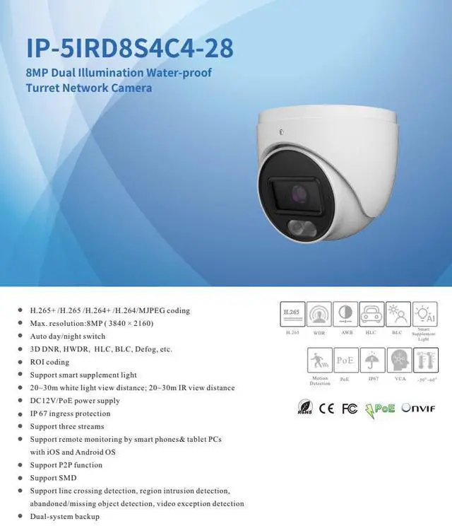Alt view image 2 of 4 - ENS Titanium IP-5IRD8S4C4-28 IP 8MP/4K/20fps 2.8mm 98ft LED Dual Light Color with Mic TVT NDAA TD-9584S4-C(D/PE/AW2) Turret Dome Camera