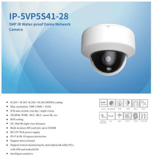 Alt view image 2 of 4 - ENS Titanium IP-5VP5S41-28 IP 5MP/20FPS 2.8mm Wide Len 98ft IR WDR with Mic Vandal Dome NDAA TVT TD-9551S4(D/PE/AR2) Camera