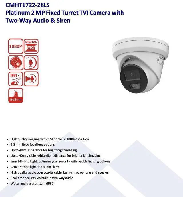 Alt view image 2 of 4 - LTS Platinum CMHT1722-28LS TVI 2MP 2.8mm Wide Angle 131ft IR 2 Way Audio Siren Turret Camera LTCMHT1722-28LS