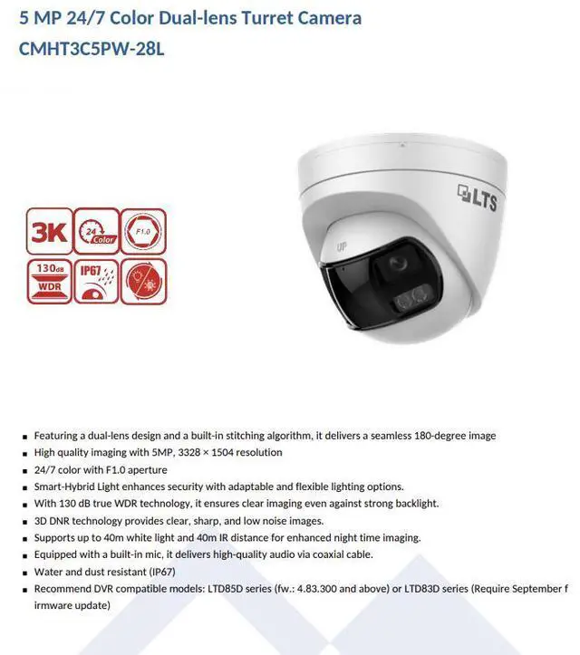 Alt view image 2 of 4 - LTS Platinum CMHT3C5PW-28L 5MP TVI 180 24/7 Color Dual Lens 131ft Light With Mic Dome Camera LTCMHT3C5PW-28L