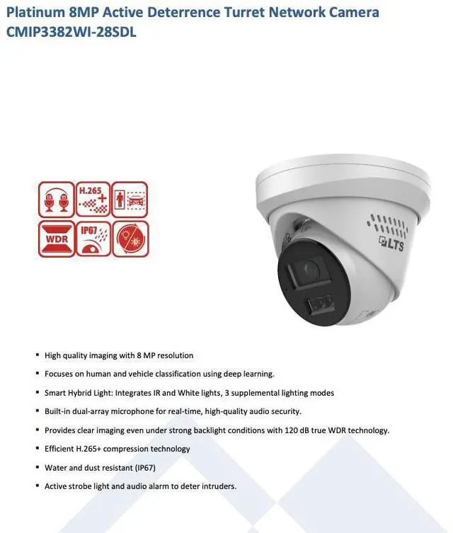 Alt view image 2 of 6 - LTS Platinum CMIP3382WI-28SDL IP 8MP/4K 2.8mm Hybrid Light Active Deterrence WDR Dome Camera LTCMIP3382WI-28SDL