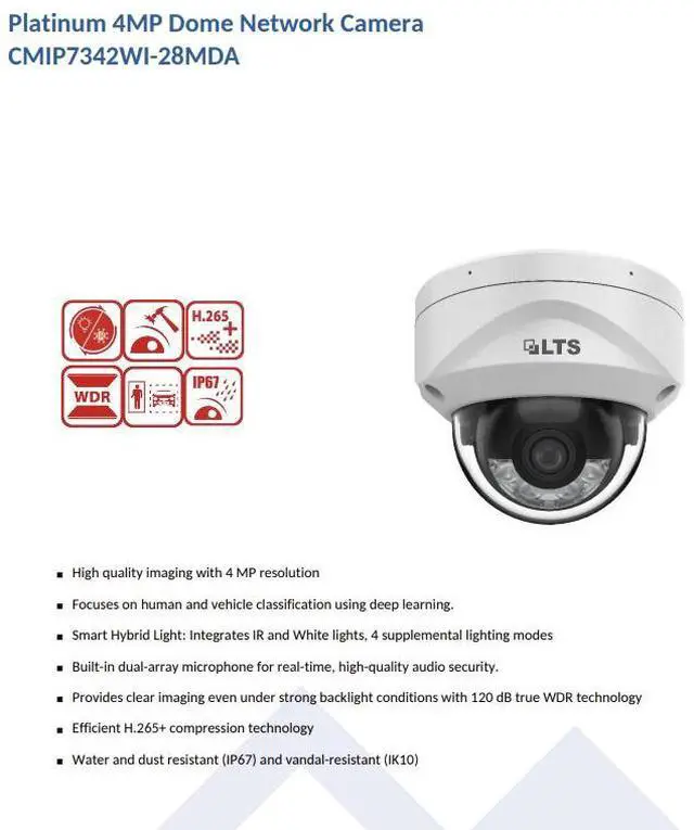 Alt view image 2 of 7 - LTS Platinum CMIP7342WI-28MDA IP 4MP Smart Hybrid Light LED Mic Ai WDR Vandal Dome Camera LTCMIP7342WI-28MDA, CMIP7342W-28MDA, CMIP7342W-28M