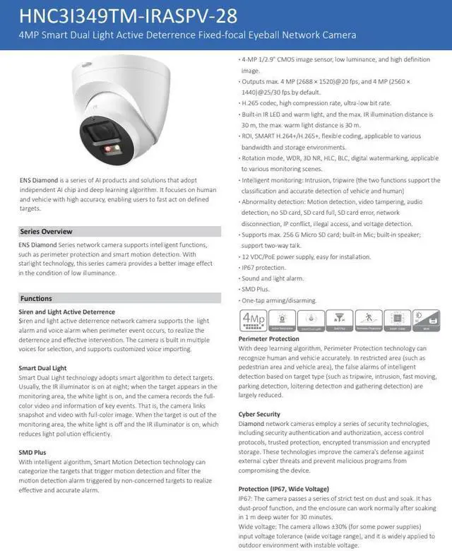 Alt view image 2 of 5 - ENS Diamond HNC3I349TM-IRASPV-28 IP 4MP 2.8mm Color Active Deterrence WDR Mic Speaker Camera
