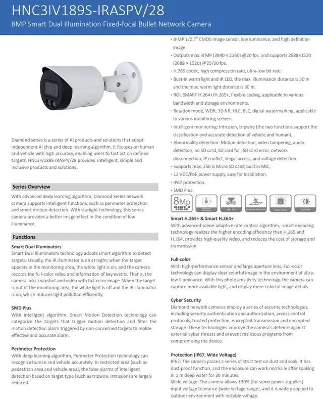 Alt view image 2 of 5 - ENS Diamond HNC3IV189S-IRASPV/28 IP 8MP/4K 2.8mm Full Color WDR 98ft LED Mic Bullet Camera