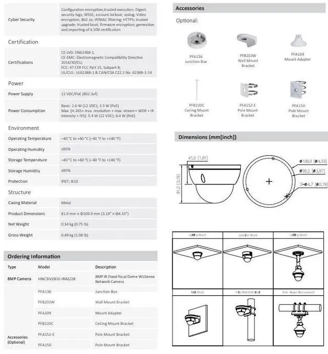 Alt view image 4 of 5 - ENS Diamond HNC3IV281E-IRAS/28 IP 8MP/4K 2.8mm 98ft IR Mic Starlight WDR Vandal Dome Camera