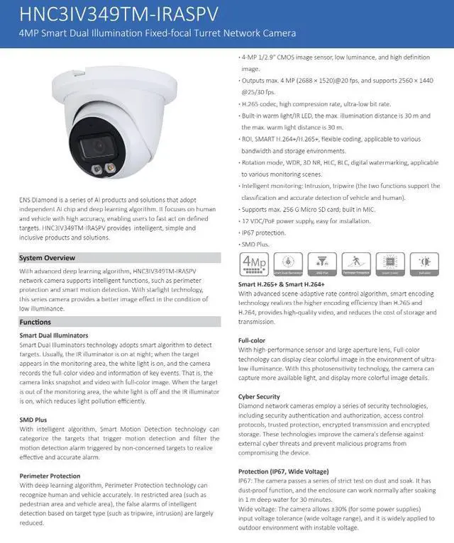 Alt view image 2 of 5 - ENS Diamond HNC3IV349TM-IRASPV IP 4MP/20fps 2.8mm Full Color 98ft LED Mic WDR Dome Camera