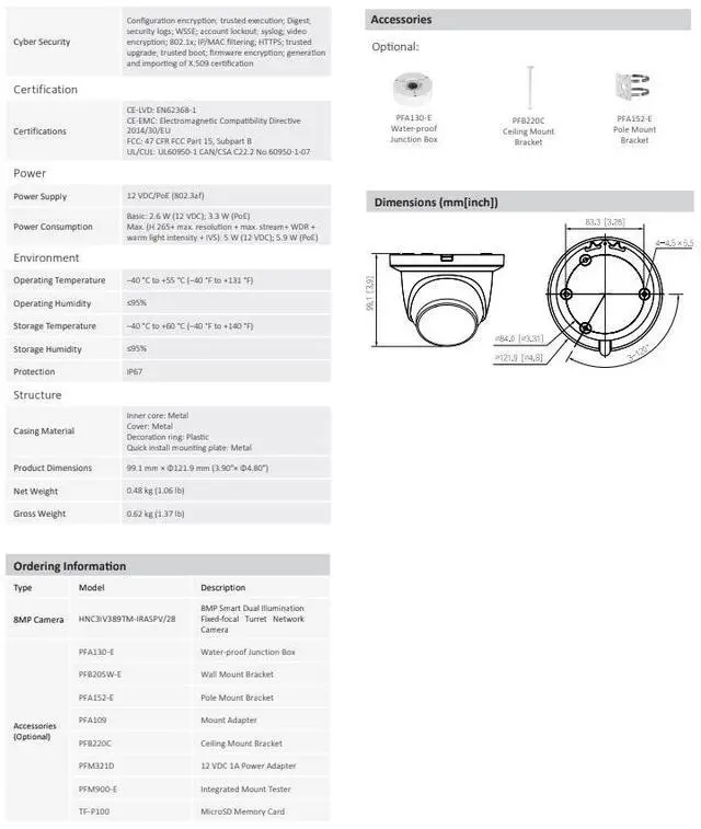 Alt view image 4 of 5 - ENS Diamond HNC3IV389TM-IRASPV/28 IP 8MP/4K 2.8mm 98ft LED Color WDR Mic Turret Dome Camera