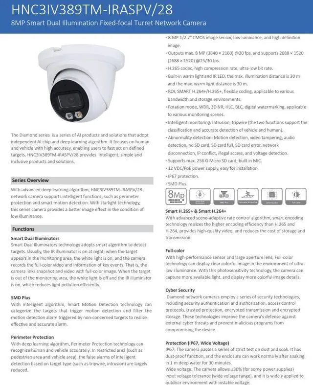 Alt view image 2 of 5 - ENS Diamond HNC3IV389TM-IRASPV/28 IP 8MP/4K 2.8mm 98ft LED Color WDR Mic Turret Dome Camera