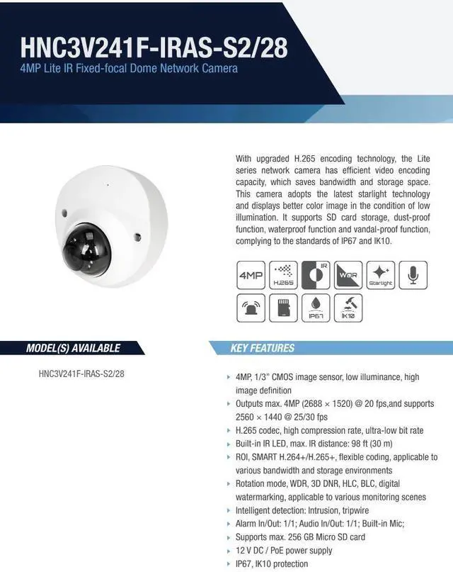 Alt view image 2 of 5 - ENS Diamond HNC3V241F-IRAS-S2/28 IP 4MP/30fps 2.8mm 98ft IR WDR Starlight Mic Dome Camera