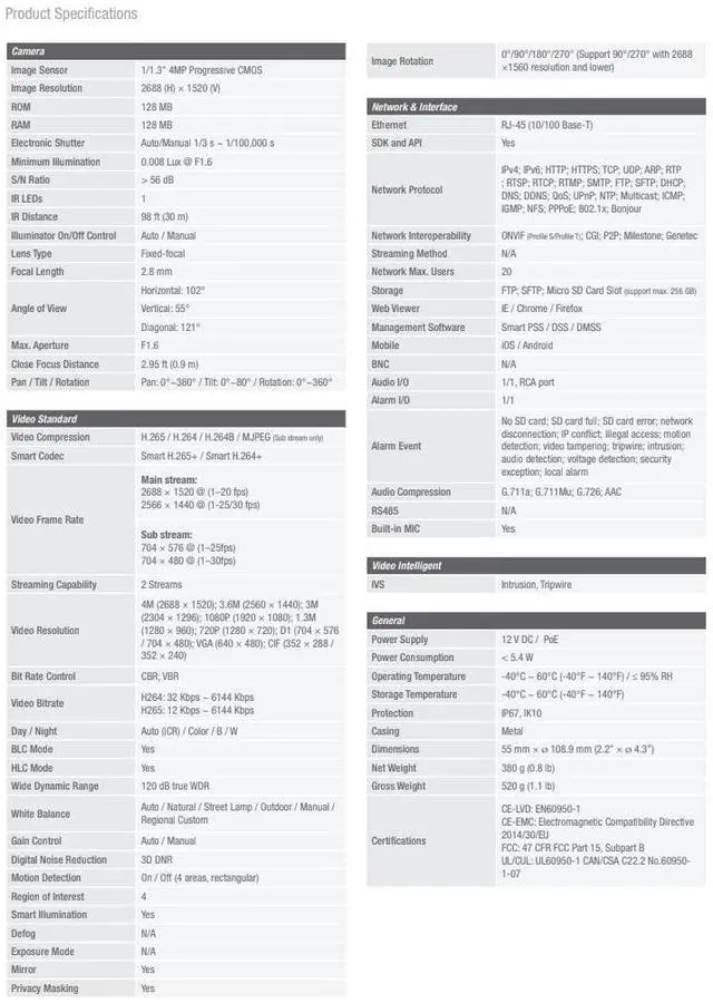 Alt view image 3 of 5 - ENS Diamond HNC3V241F-IRAS-S2/28 IP 4MP/30fps 2.8mm 98ft IR WDR Starlight Mic Dome Camera