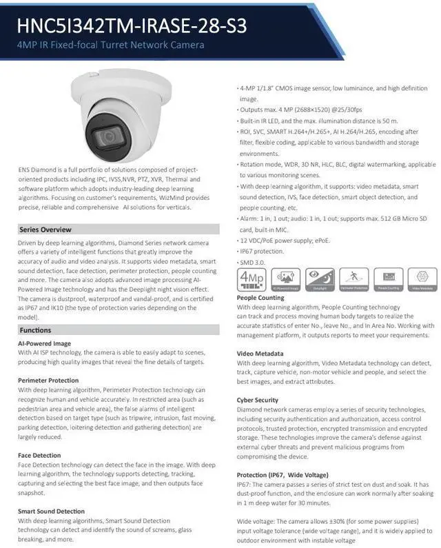 Alt view image 2 of 6 - ENS Diamond HNC5I342TM-IRASE-28-S3 IP 4MP/30fps 2.8mm 164ft IR WDR Mic Turret Dome Camera