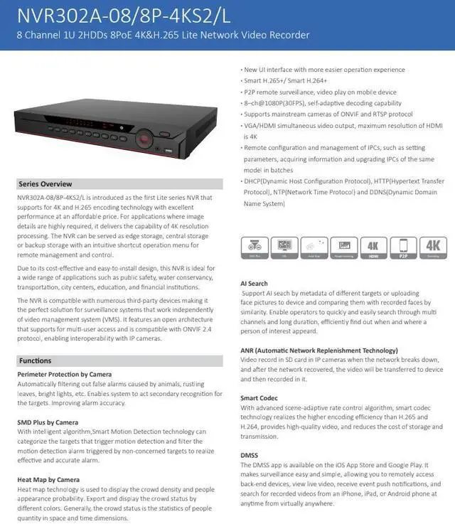 Alt view image 2 of 5 - ENS Diamond NVR302A-08/8P-4KS2/L 8CH IP 8MP/30fps 160/64 Mbps 8 Port PoE HDMI 4K 2 SATA NVR