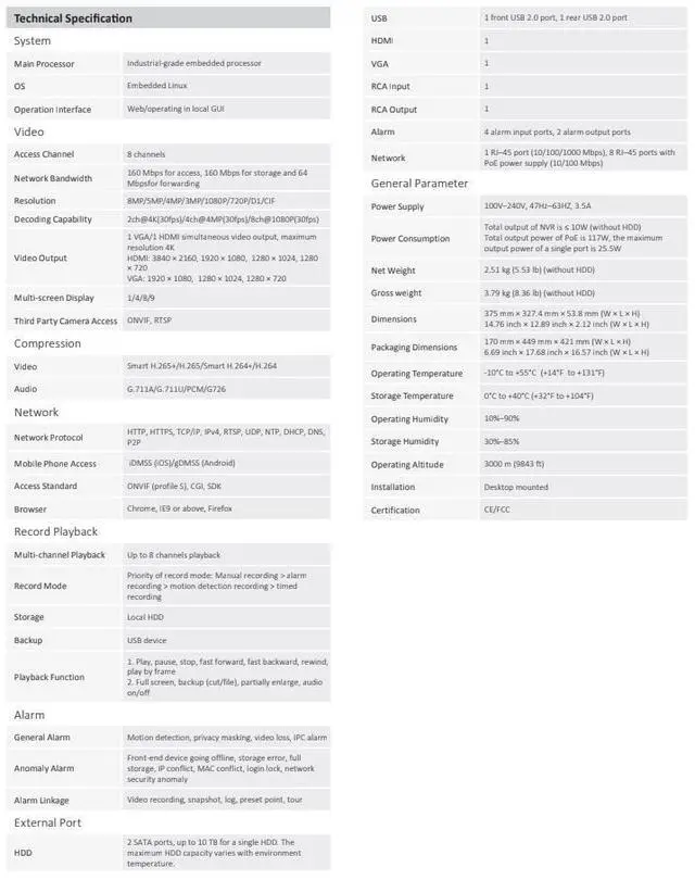 Alt view image 3 of 5 - ENS Diamond NVR302A-08/8P-4KS2/L 8CH IP 8MP/30fps 160/64 Mbps 8 Port PoE HDMI 4K 2 SATA NVR