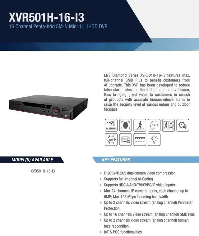 Alt view image 2 of 5 - ENS Diamond XVR501H-16-I3 16CH 4MP CVI/AHD/TVI/CVBS+8CH 6MP IP Max 24CH 4K HDMI 1xSATA DVR