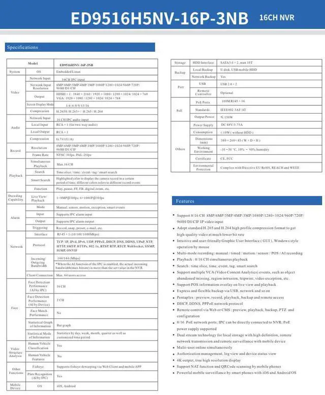 Alt view image 3 of 5 - ENS Titanium ED9516H5NV-16P-3NB 16CH IP 8MP 144 Mbps 16 Port PoE Ai 4K HDMI 2xSATA NDAA NVR