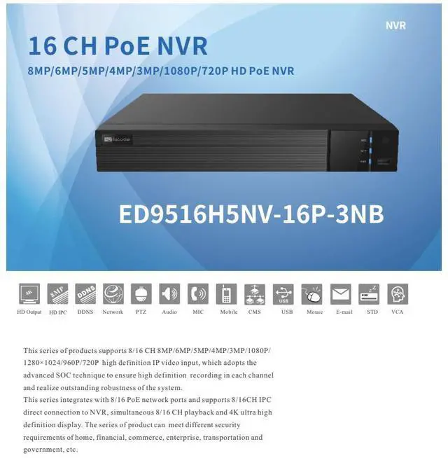 Alt view image 2 of 5 - ENS Titanium ED9516H5NV-16P-3NB 16CH IP 8MP 144 Mbps 16 Port PoE Ai 4K HDMI 2xSATA NDAA NVR