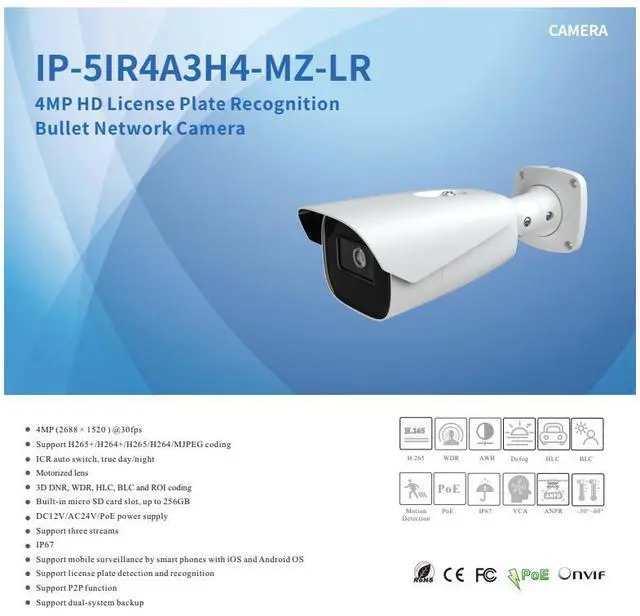 Alt view image 2 of 4 - ENS Titanium IP-5IR4A3H4-MZ-LR IP 4MP 8-32mm Motorized 328ft IR License Plate Bullet Camera