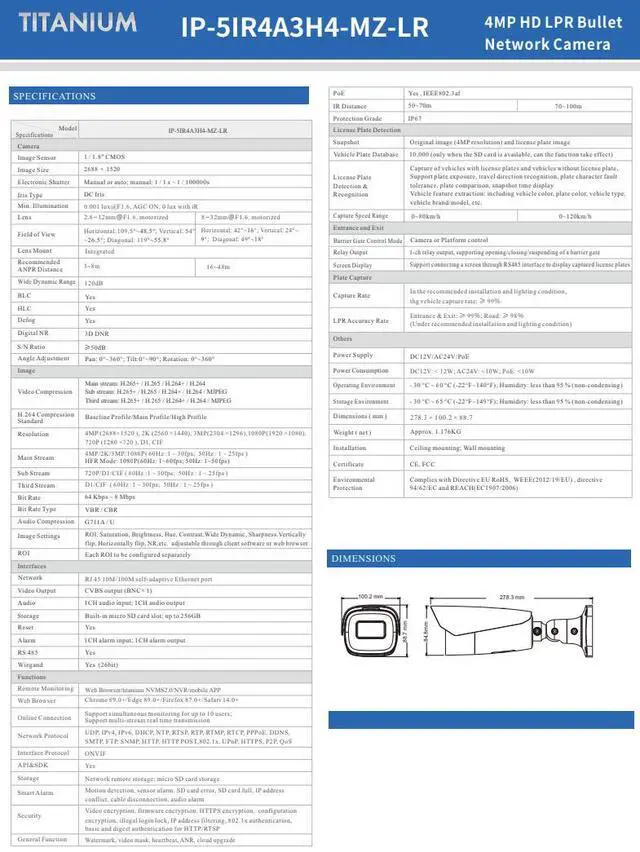 Alt view image 3 of 4 - ENS Titanium IP-5IR4A3H4-MZ-LR IP 4MP 8-32mm Motorized 328ft IR License Plate Bullet Camera