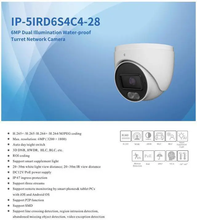 Alt view image 2 of 4 - ENS Titanium IP-5IRD6S4C4-28 IP 6MP 2.8mm Dual Light Color 98ft LED With Mic Turret Camera
